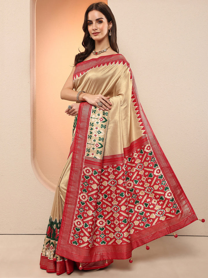 Gold Printed Silk Blend Sarees With Unstitched Blouse Piece