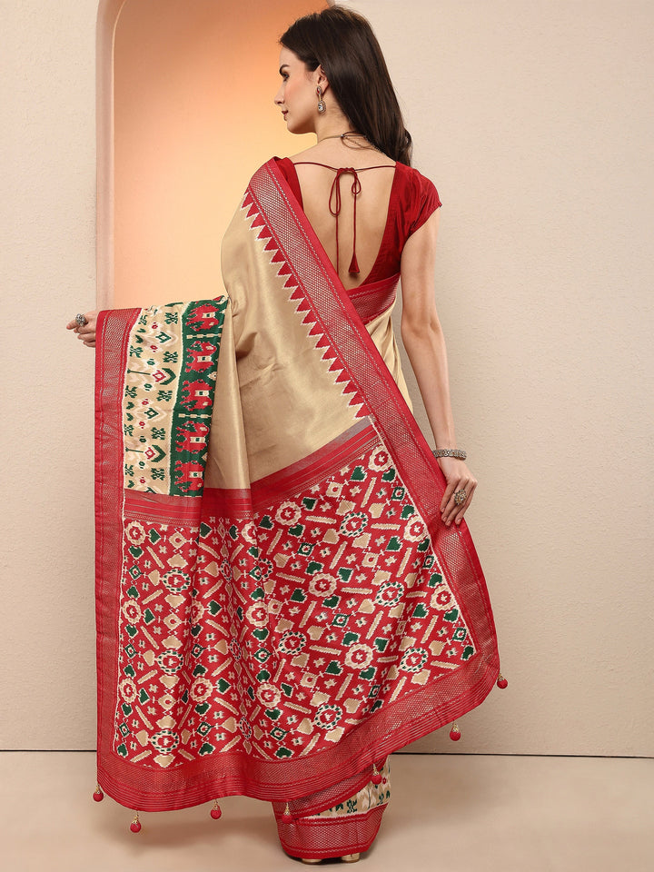 Gold Printed Silk Blend Sarees With Unstitched Blouse Piece