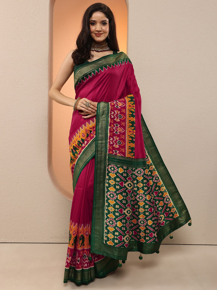 Pink Printed Silk Blend Saree With Unstitched Blouse Piece