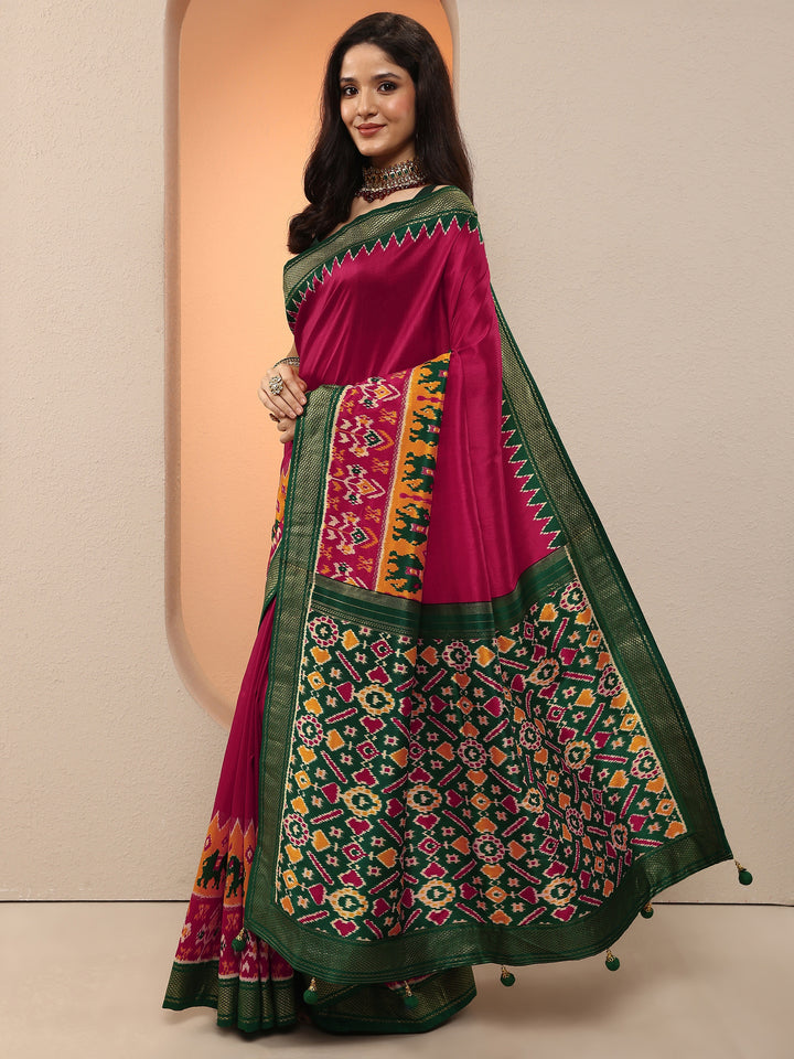 Pink Printed Silk Blend Saree With Unstitched Blouse Piece