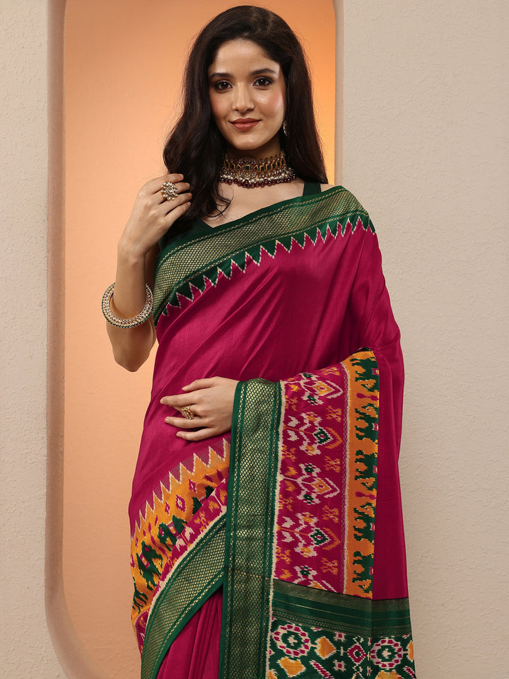 Pink Printed Silk Blend Saree With Unstitched Blouse Piece