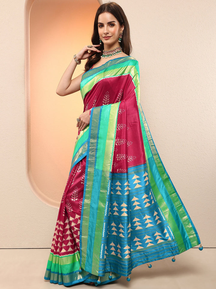 Pink Printed Silk Blend Sarees With Unstitched Blouse Piece
