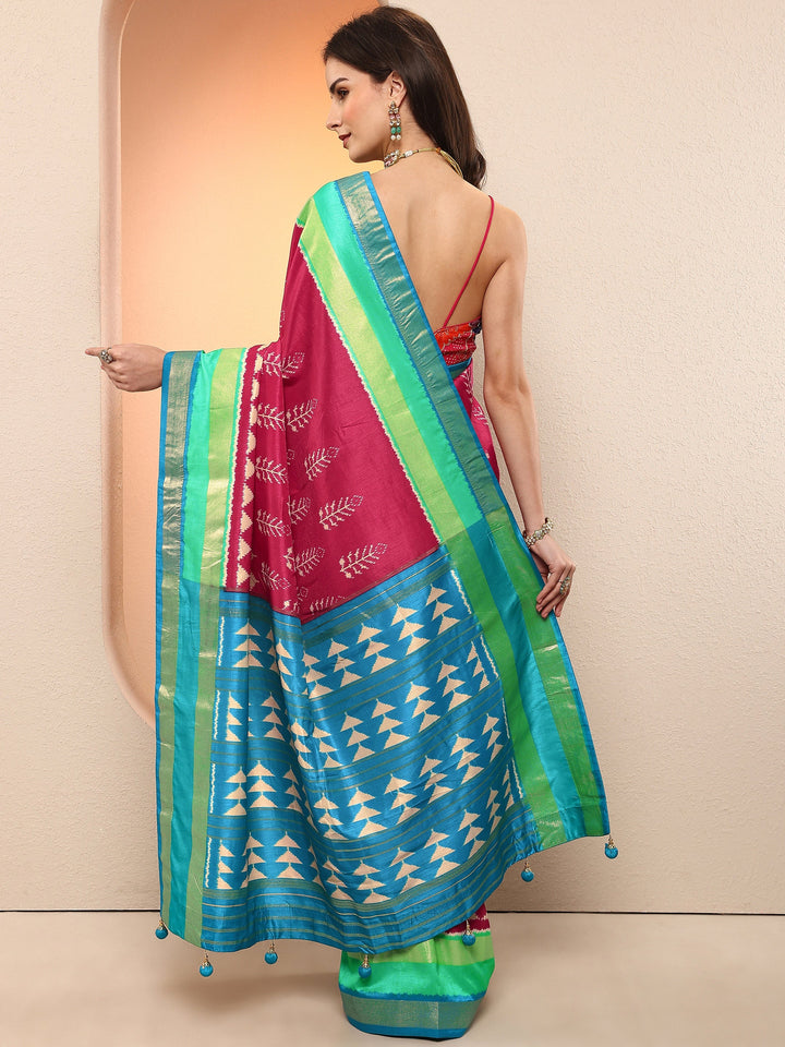 Pink Printed Silk Blend Sarees With Unstitched Blouse Piece