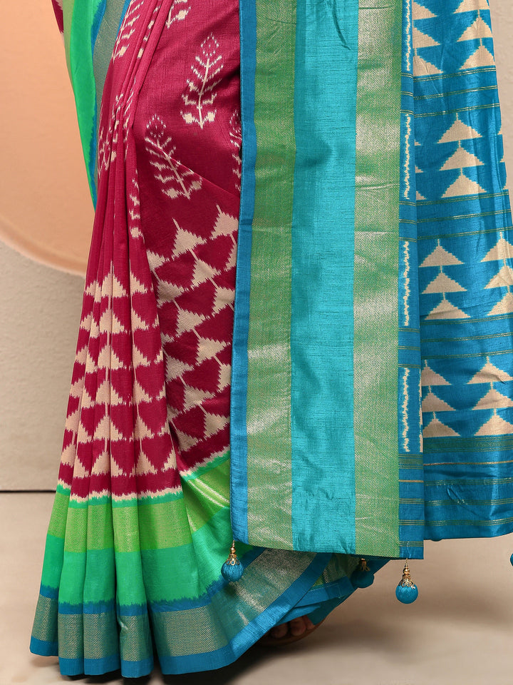 Pink Printed Silk Blend Sarees With Unstitched Blouse Piece