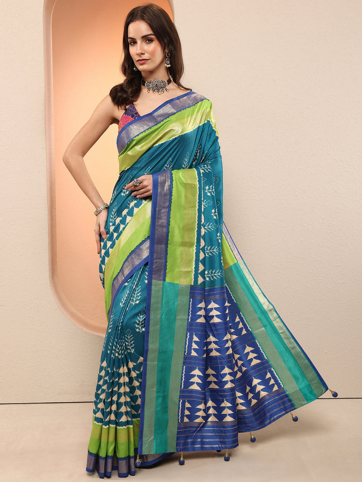 Blue Printed Silk Blend Sarees With Unstitched Blouse Piece