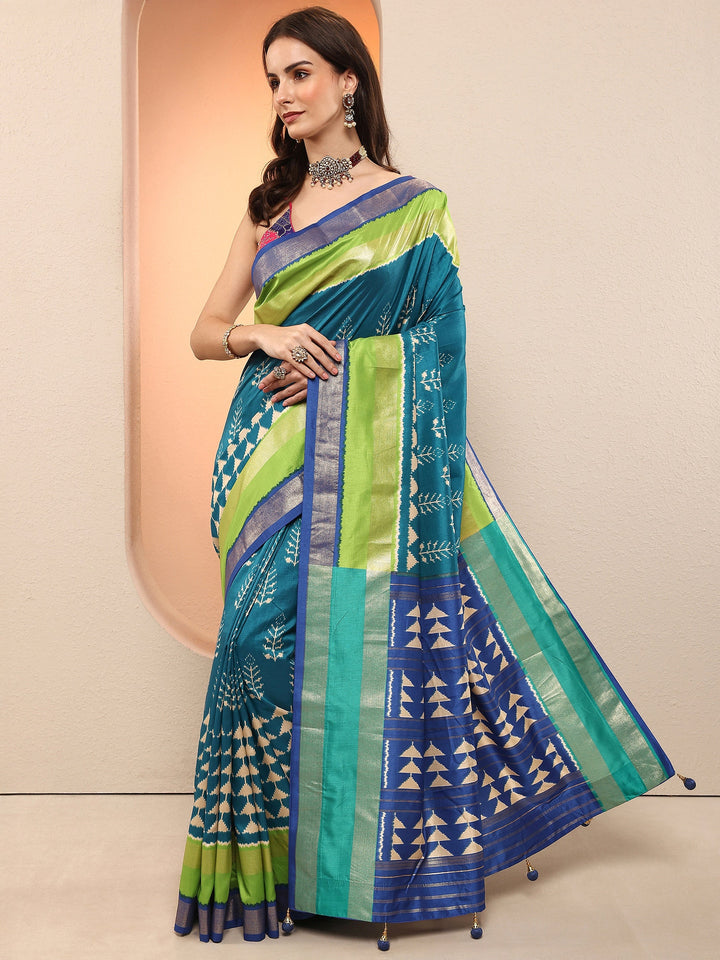 Blue Printed Silk Blend Sarees With Unstitched Blouse Piece