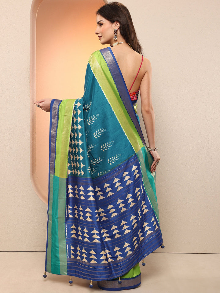 Blue Printed Silk Blend Sarees With Unstitched Blouse Piece