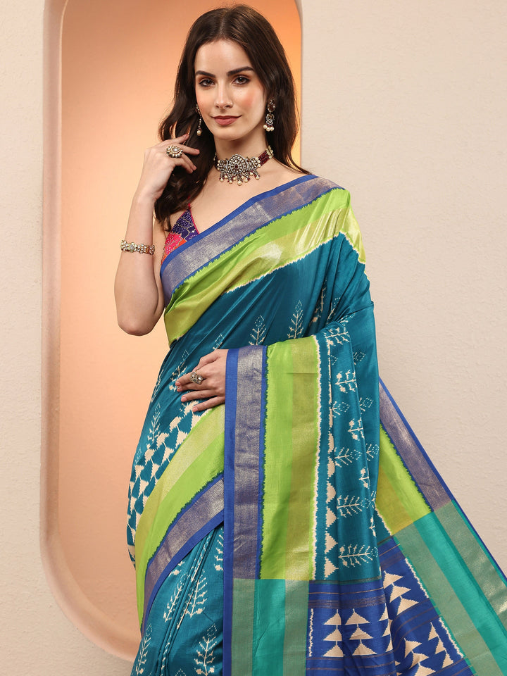 Blue Printed Silk Blend Sarees With Unstitched Blouse Piece