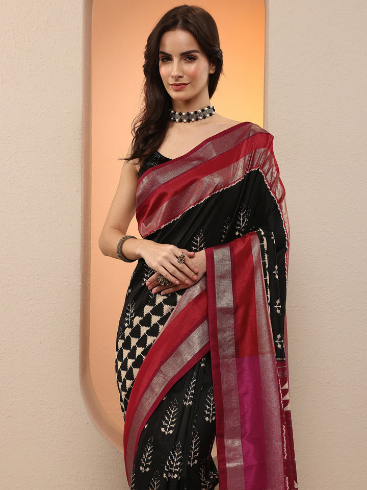 Black Printed Silk Blend Saree With Unstitched Blouse Piece