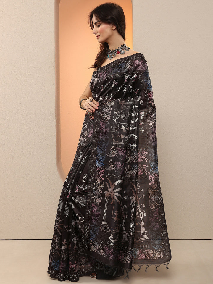 Black Kalamkari Printed Silk Blend Saree With Unstitched Blouse Piece