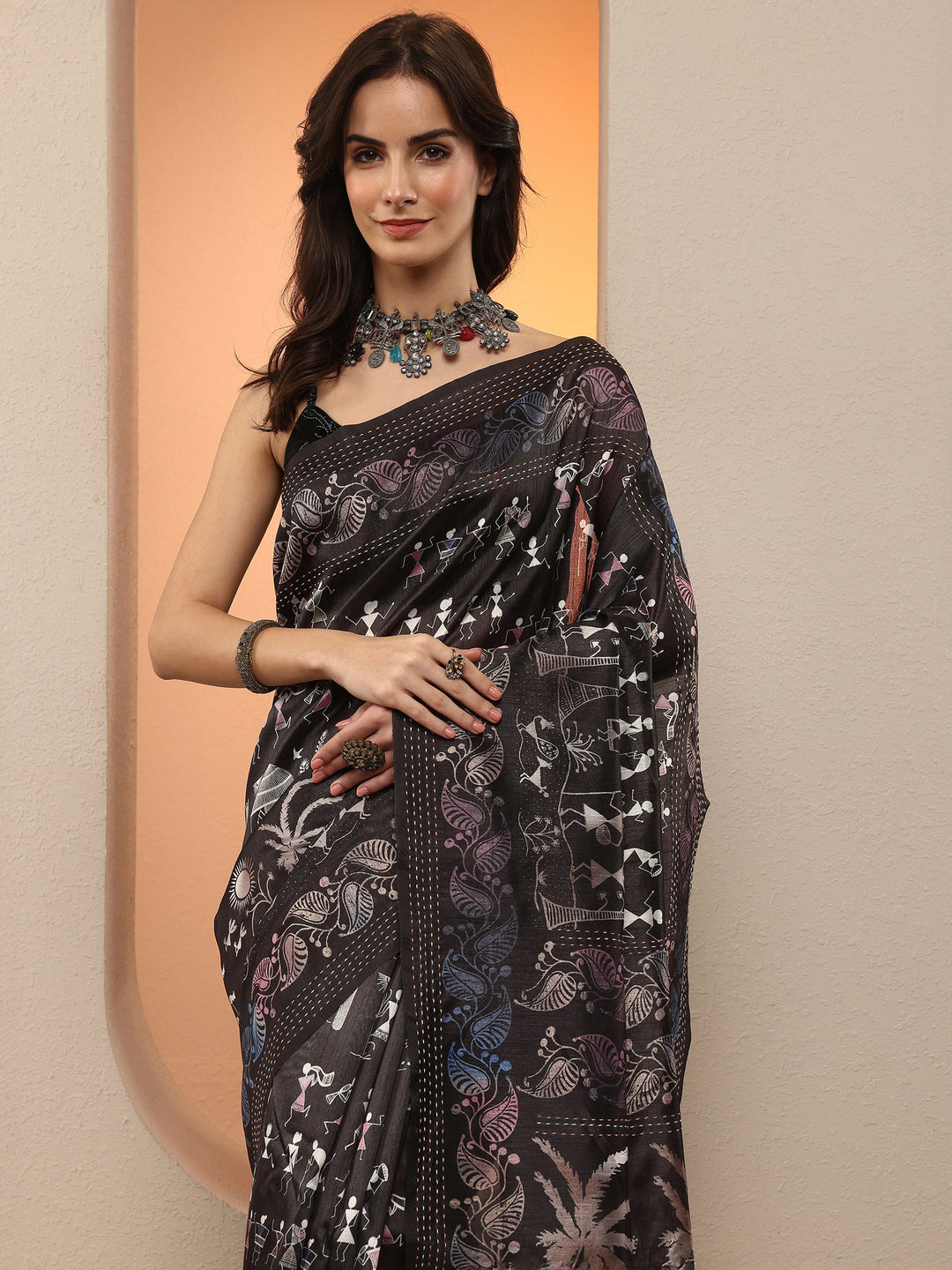 Black Kalamkari Printed Silk Blend Saree With Unstitched Blouse Piece