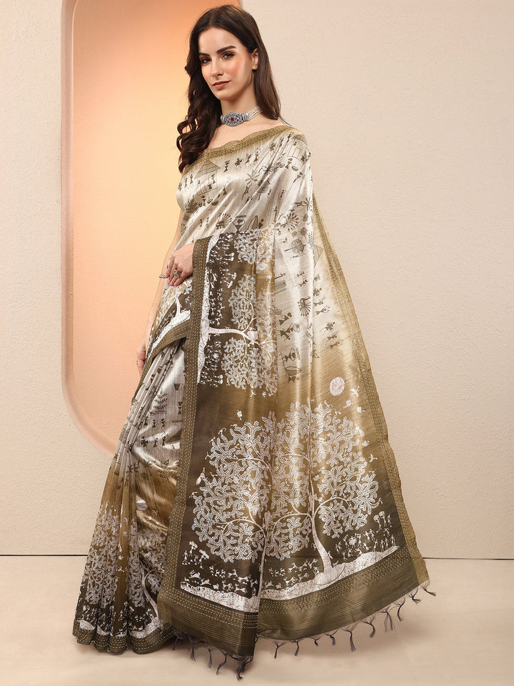 Brown Kalamkari Printed Sarees With Unstitched Blouse Piece