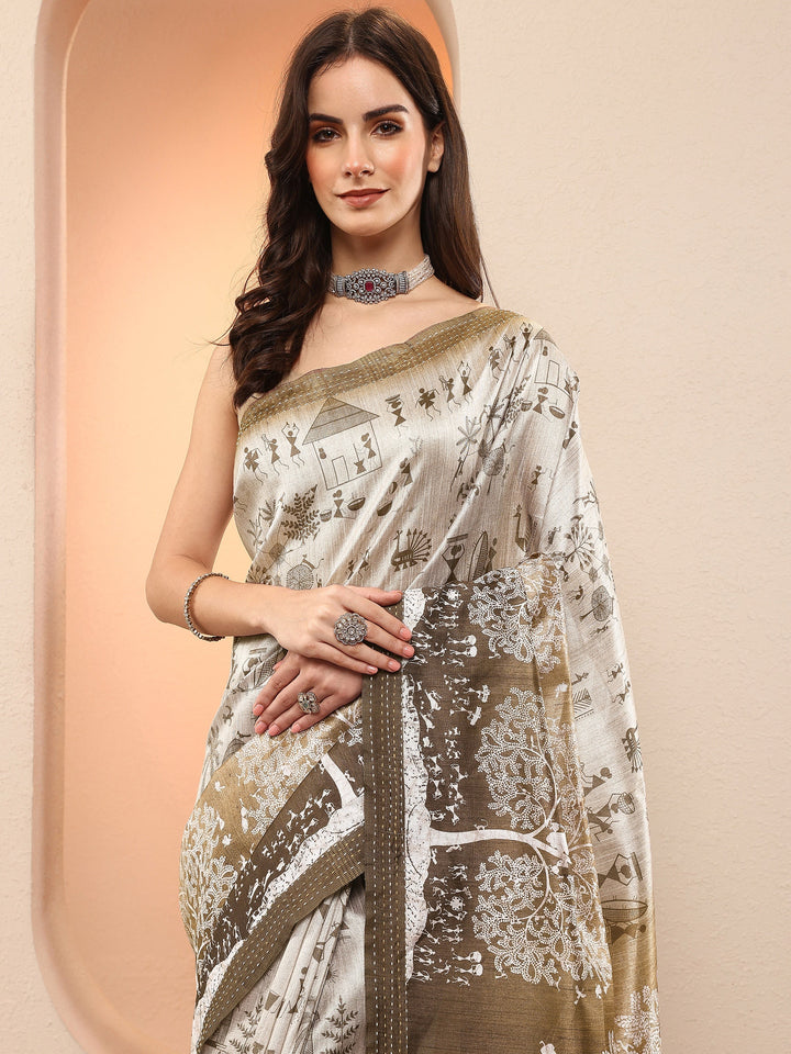 Brown Kalamkari Printed Sarees With Unstitched Blouse Piece