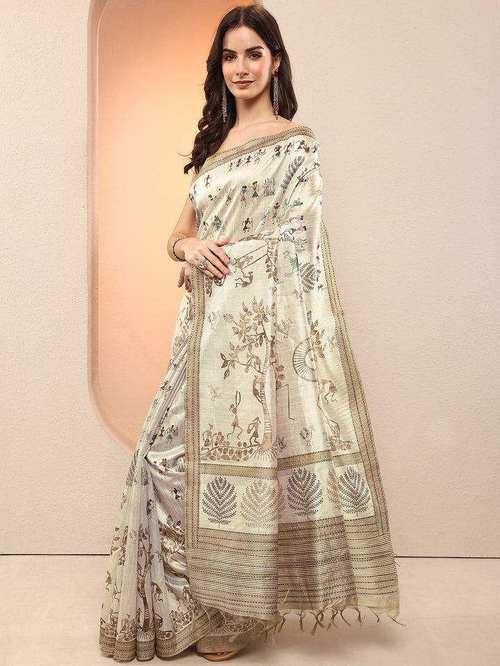 Beige Kalamkari Printed Sarees With Unstitched Blouse Piece