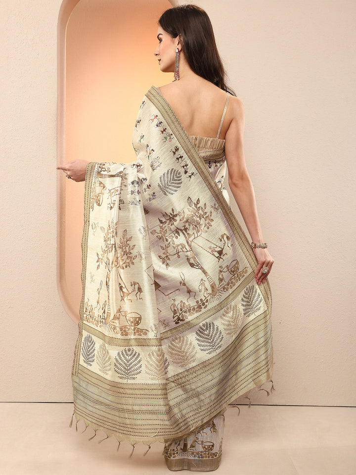 Beige Kalamkari Printed Sarees With Unstitched Blouse Piece