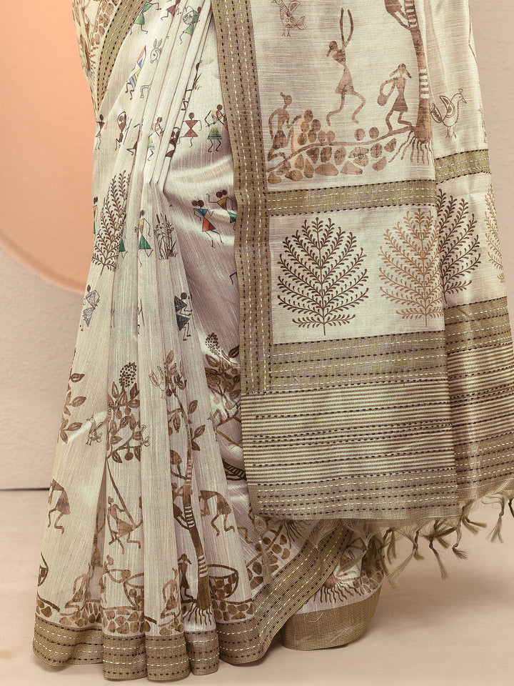 Beige Kalamkari Printed Sarees With Unstitched Blouse Piece