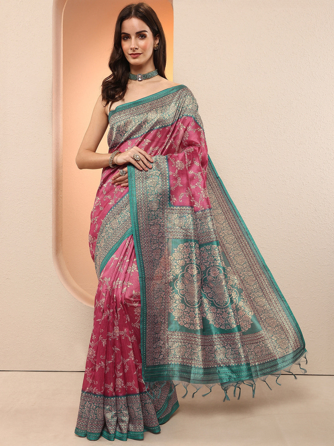 Pink Printed Silk Blend Sarees With Unstitched Blouse Piece