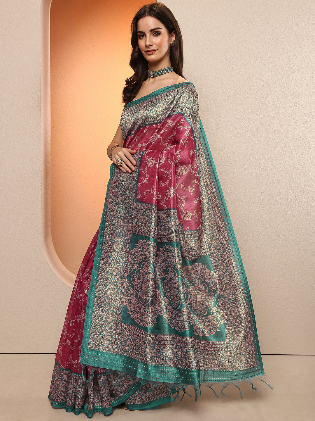 Pink Printed Silk Blend Sarees With Unstitched Blouse Piece