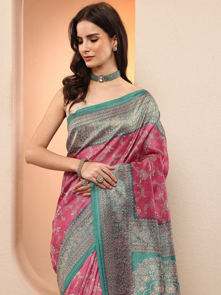 Pink Printed Silk Blend Sarees With Unstitched Blouse Piece