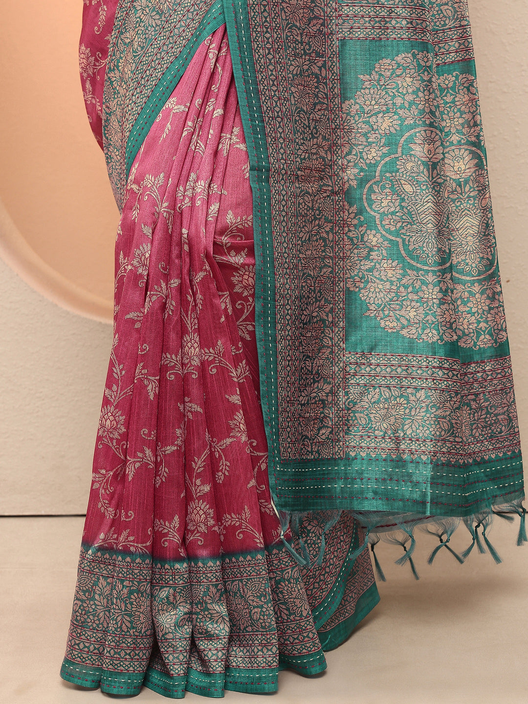 Pink Printed Silk Blend Sarees With Unstitched Blouse Piece