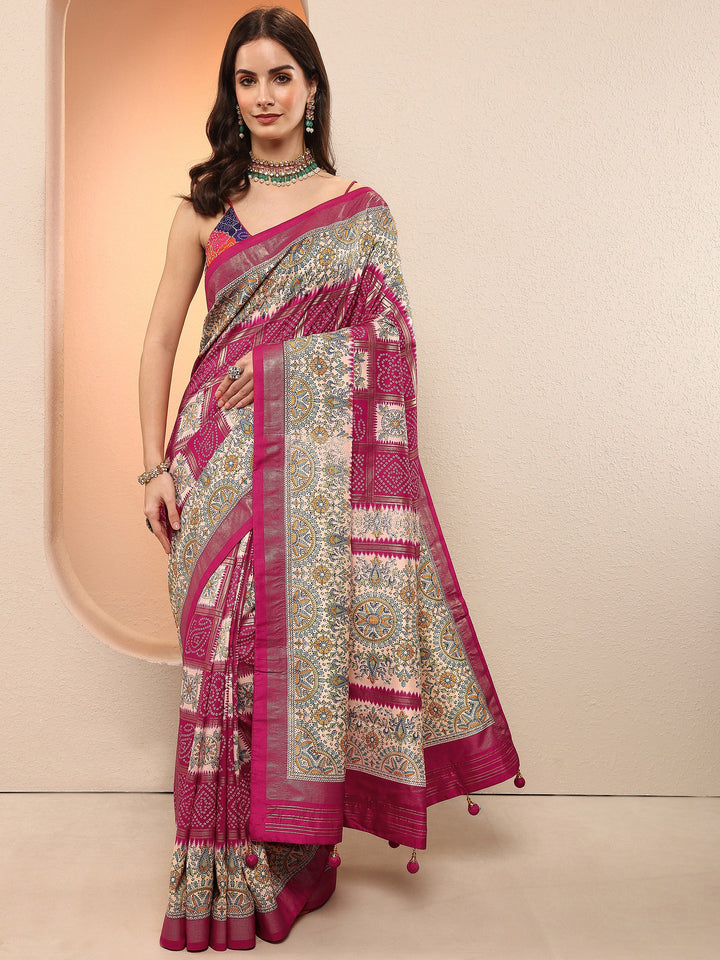 Pink Bandhani Printed Sarees With Unstitched Blouse Piece