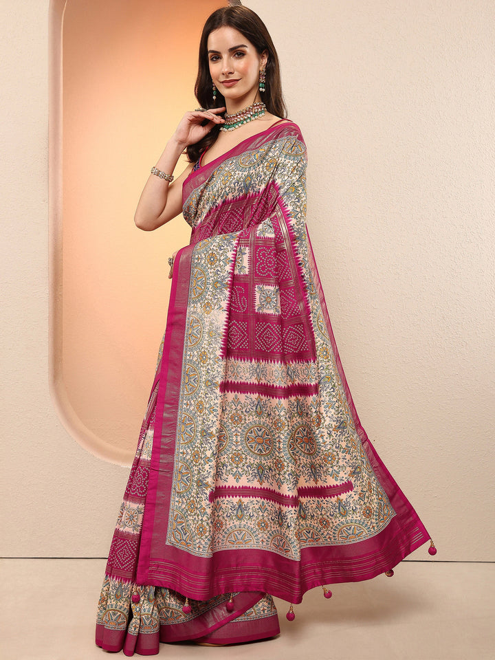 Pink Bandhani Printed Sarees With Unstitched Blouse Piece