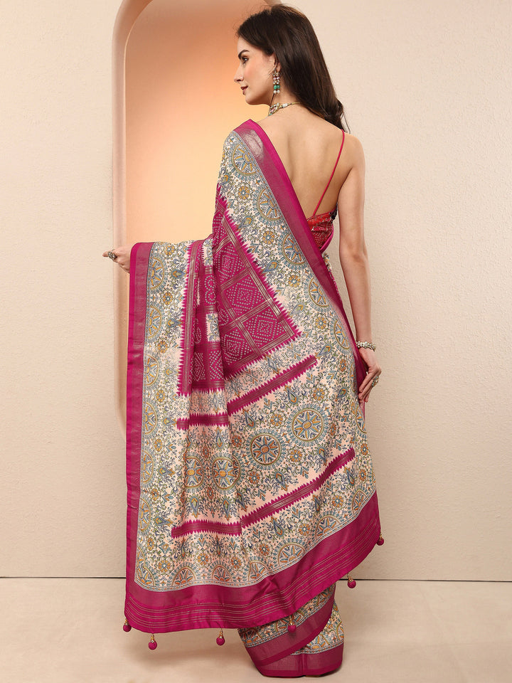 Pink Bandhani Printed Sarees With Unstitched Blouse Piece