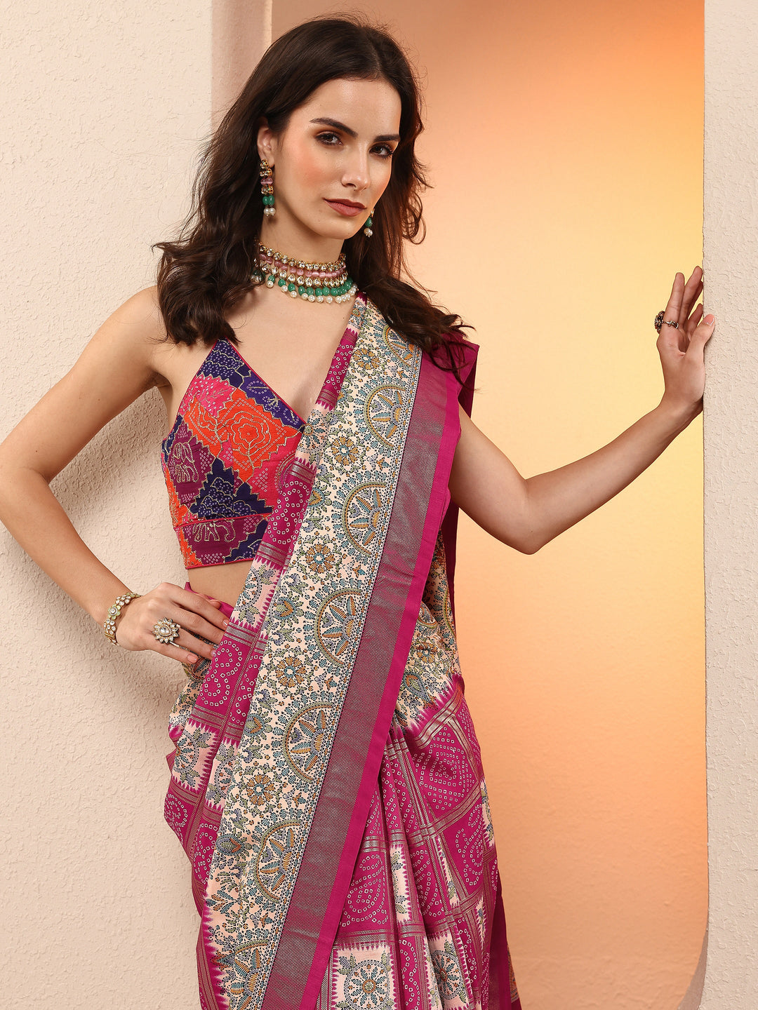 Pink Bandhani Printed Sarees With Unstitched Blouse Piece