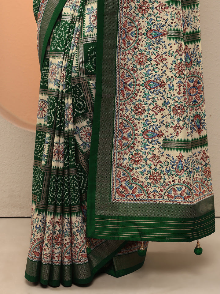Green Bandhani Printed Silk Blend Saree With Unstitched Blouse Piece