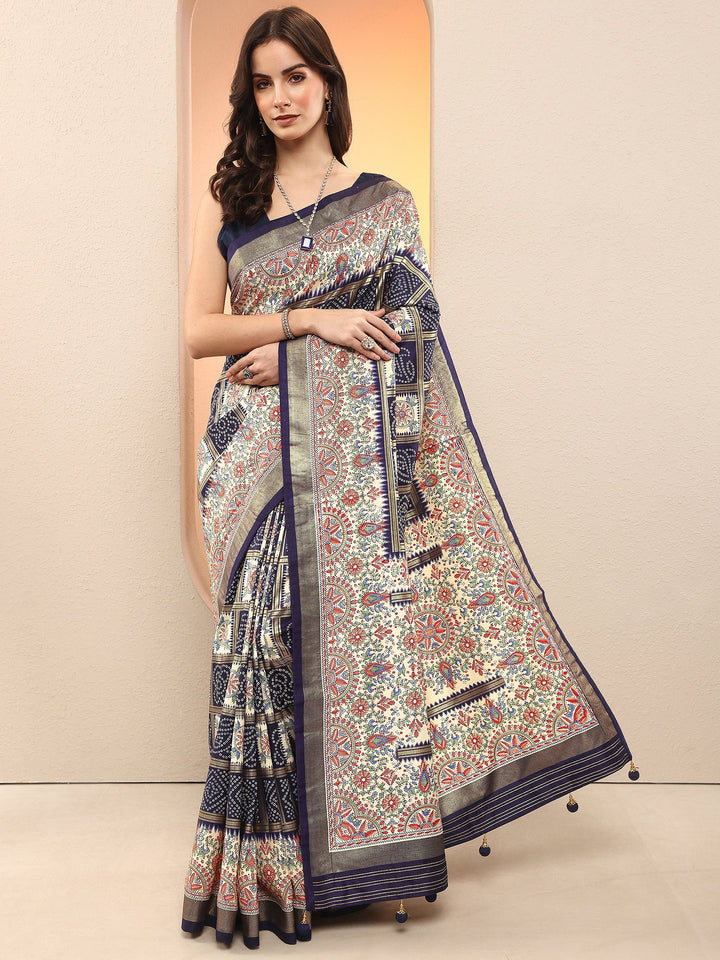 Navy Blue Bandhani Printed Sarees With Unstitched Blouse Piece