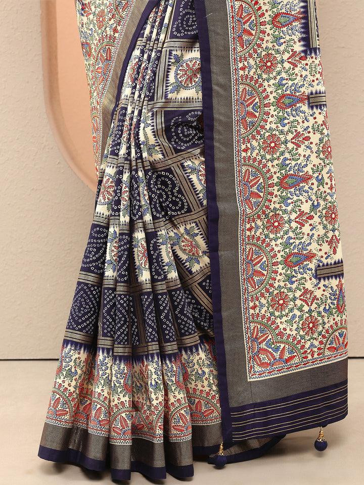Navy Blue Bandhani Printed Sarees With Unstitched Blouse Piece