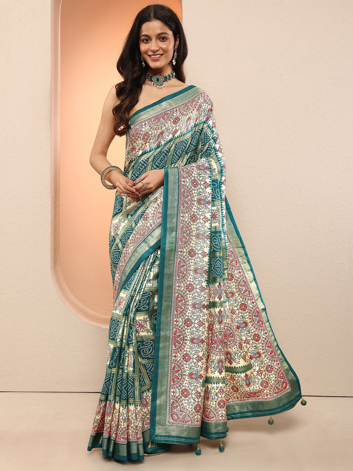 Green Bandhani Printed Sarees With Unstitched Blouse Piece