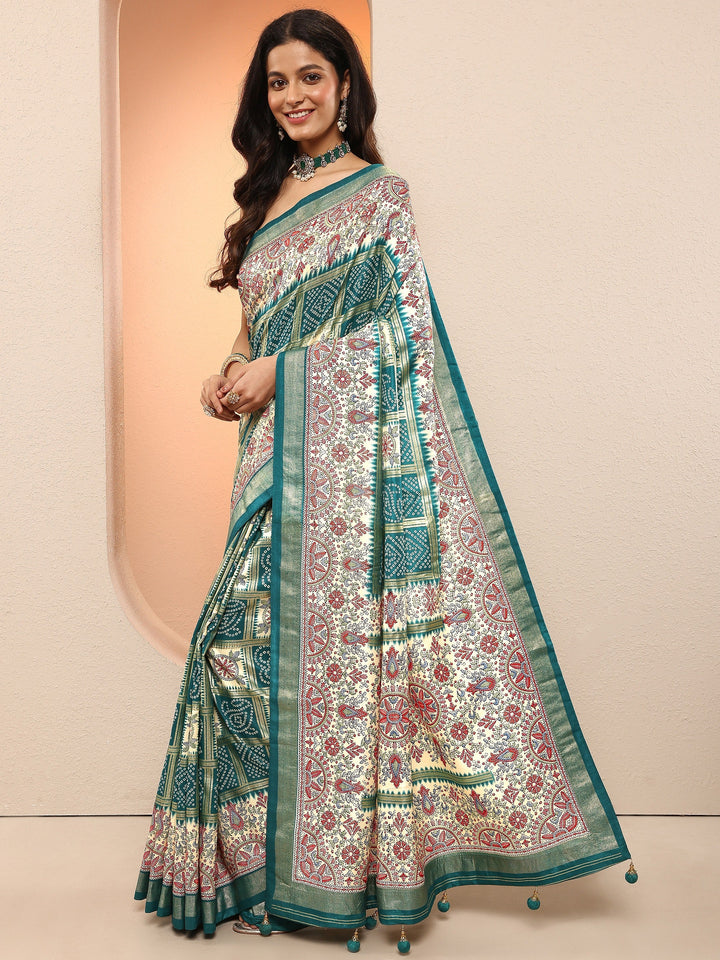 Green Bandhani Printed Sarees With Unstitched Blouse Piece