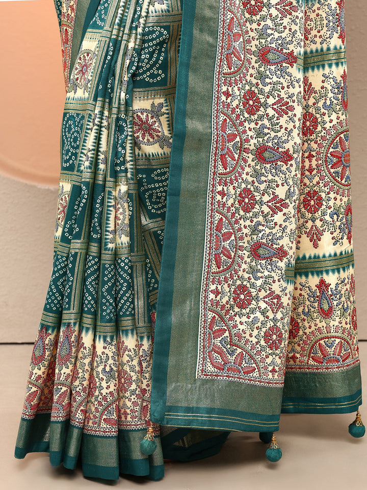 Green Bandhani Printed Sarees With Unstitched Blouse Piece