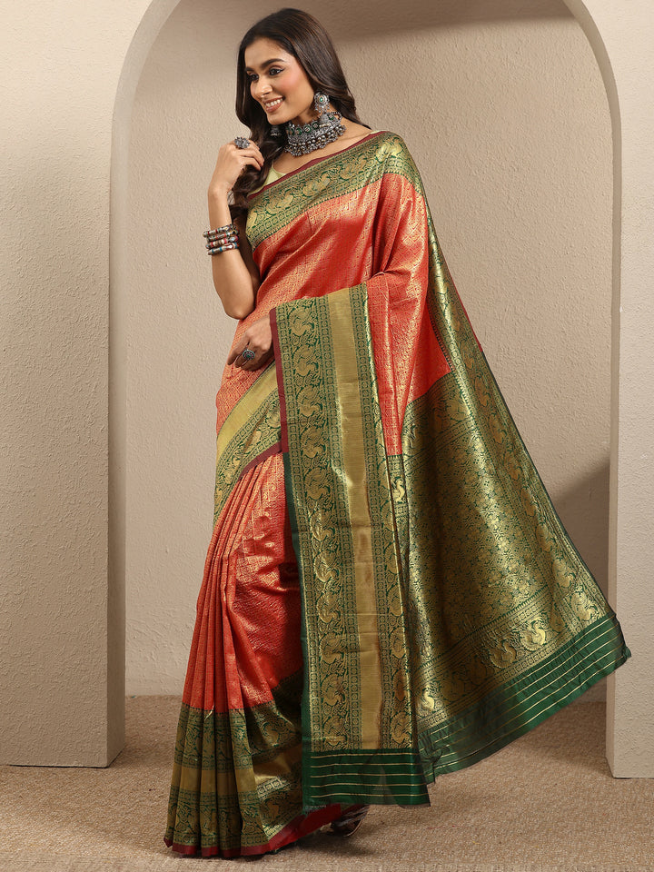 Orange Woven Design Silk Blend Saree With Unstitched Blouse Piece