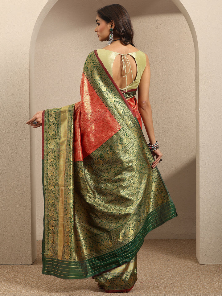 Orange Woven Design Silk Blend Saree With Unstitched Blouse Piece