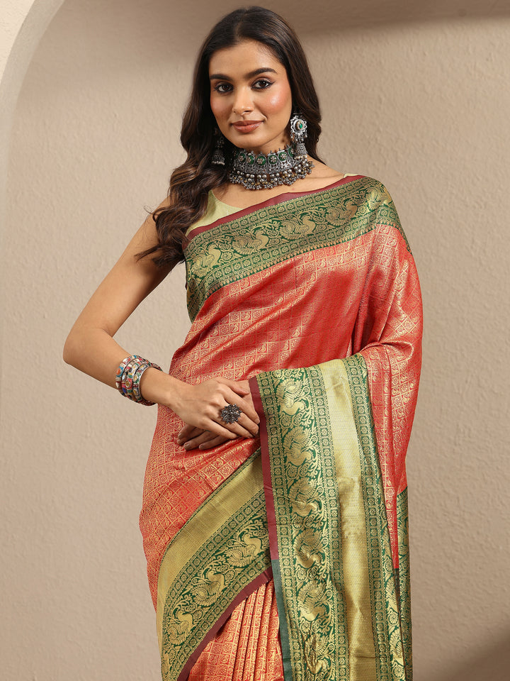 Orange Woven Design Silk Blend Saree With Unstitched Blouse Piece