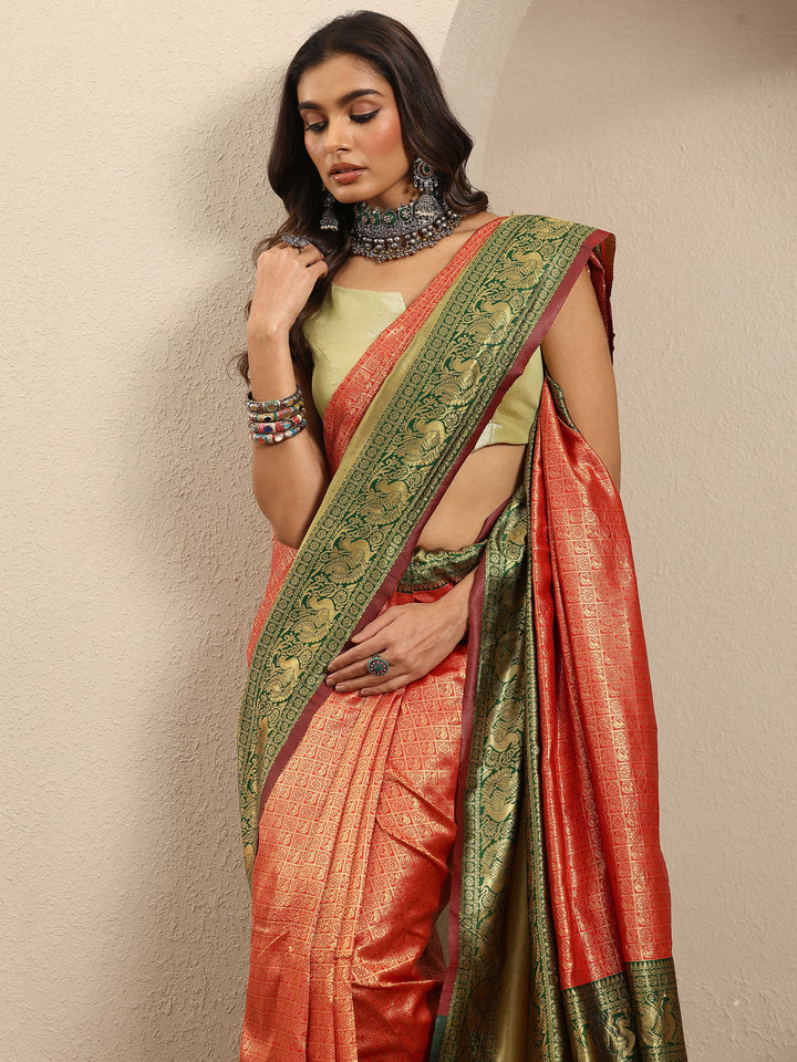Orange Woven Design Silk Blend Saree With Unstitched Blouse Piece
