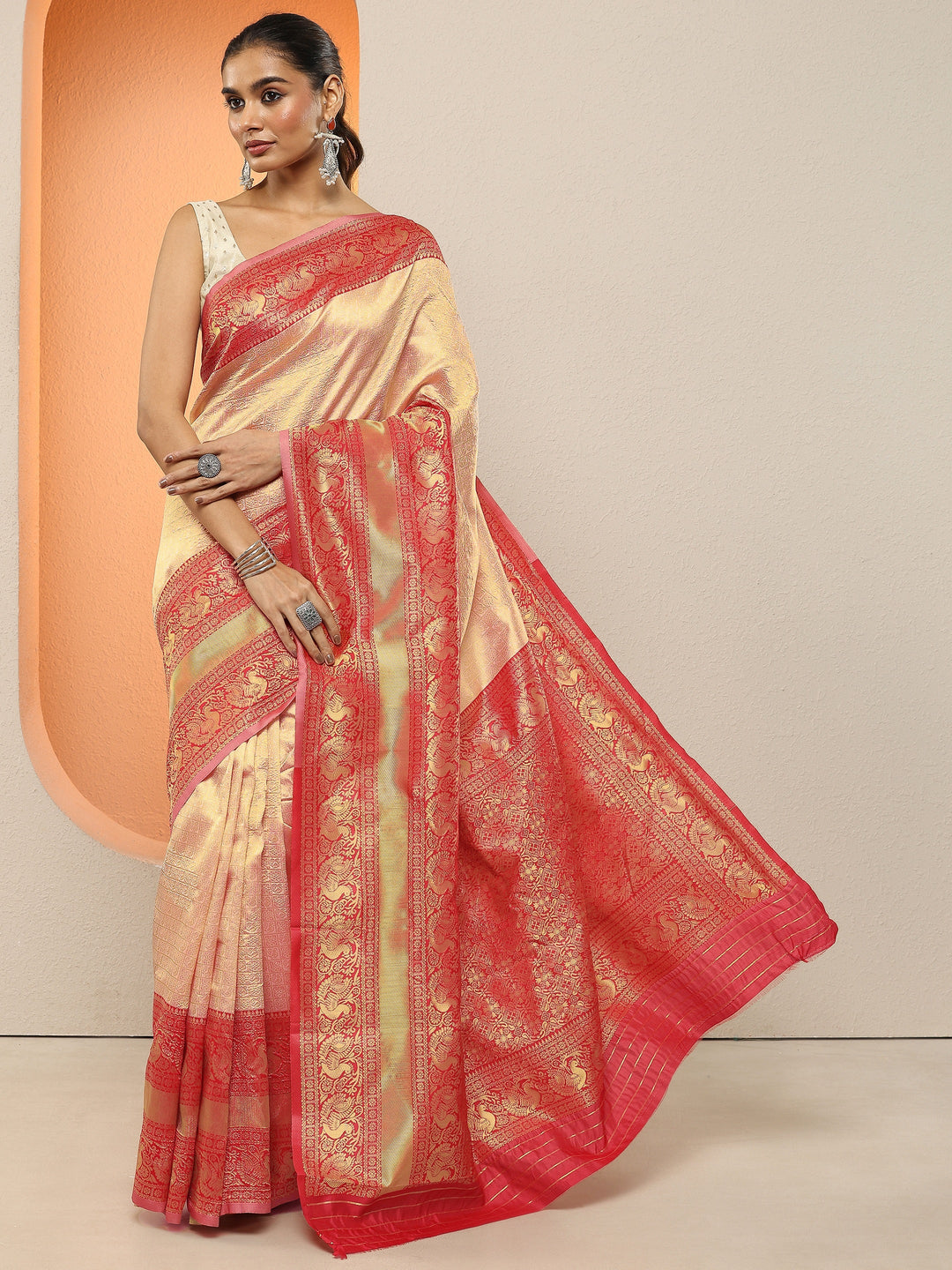 Peach Woven Design Silk Blend Sarees With Unstitched Blouse Piece