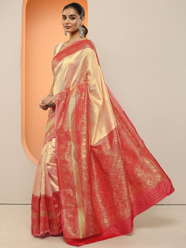 Peach Woven Design Silk Blend Sarees With Unstitched Blouse Piece