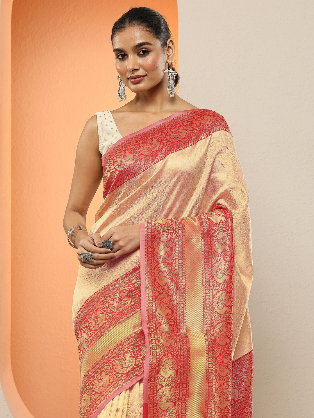 Peach Woven Design Silk Blend Sarees With Unstitched Blouse Piece