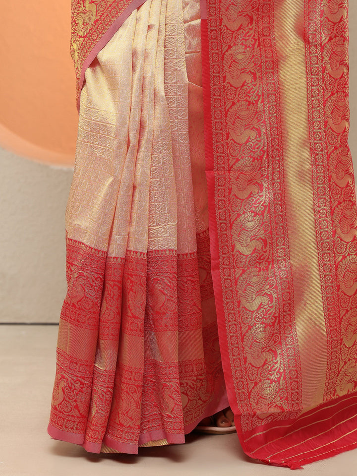 Peach Woven Design Silk Blend Sarees With Unstitched Blouse Piece