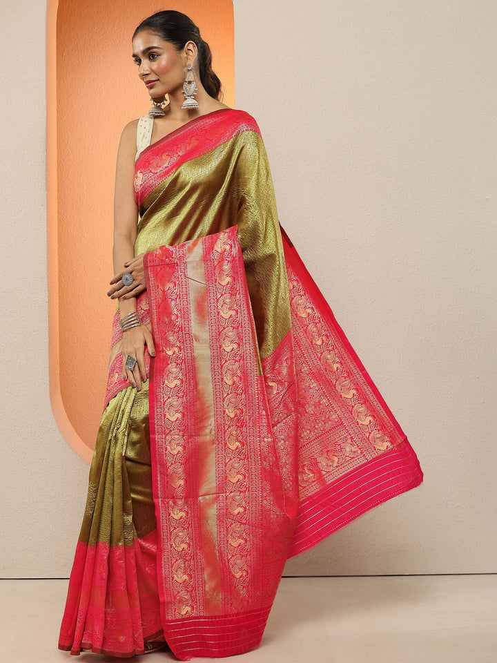 Green Woven Design Silk Blend Sarees With Unstitched Blouse Piece