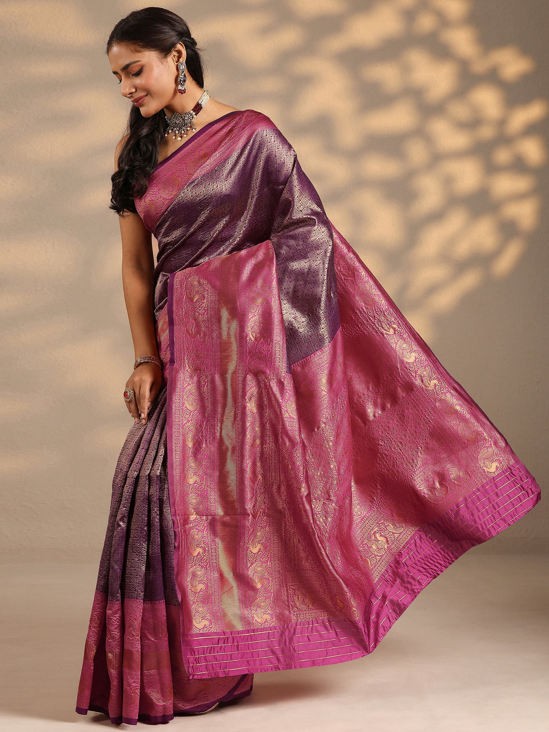 Purple Woven Design Silk Blend Saree With Unstitched Blouse Piece