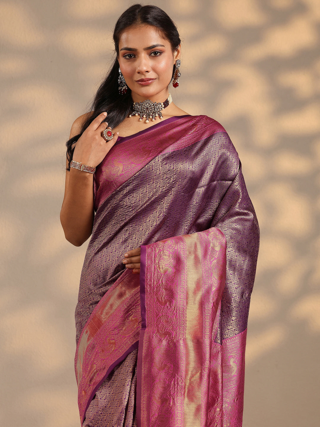 Purple Woven Design Silk Blend Saree With Unstitched Blouse Piece