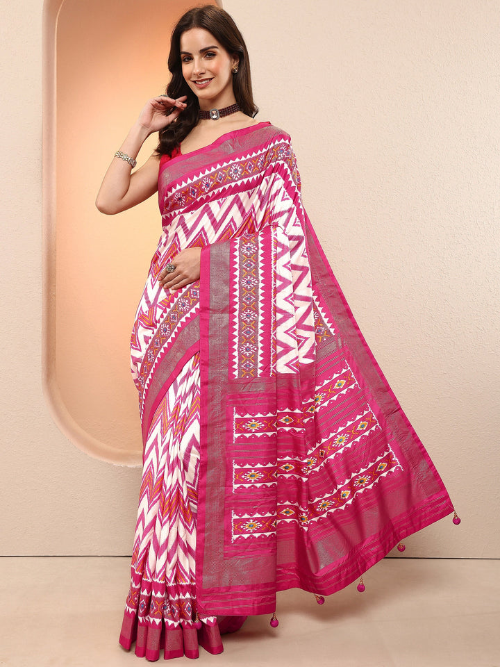 Pink Chevron Printed Sarees With Unstitched Blouse Piece