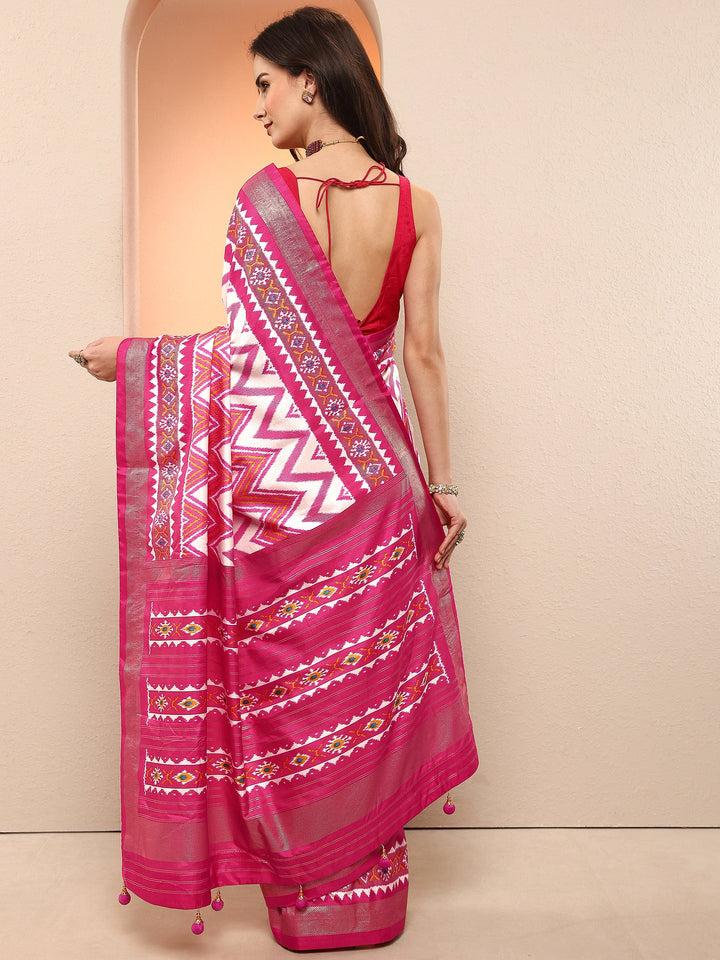 Pink Chevron Printed Sarees With Unstitched Blouse Piece