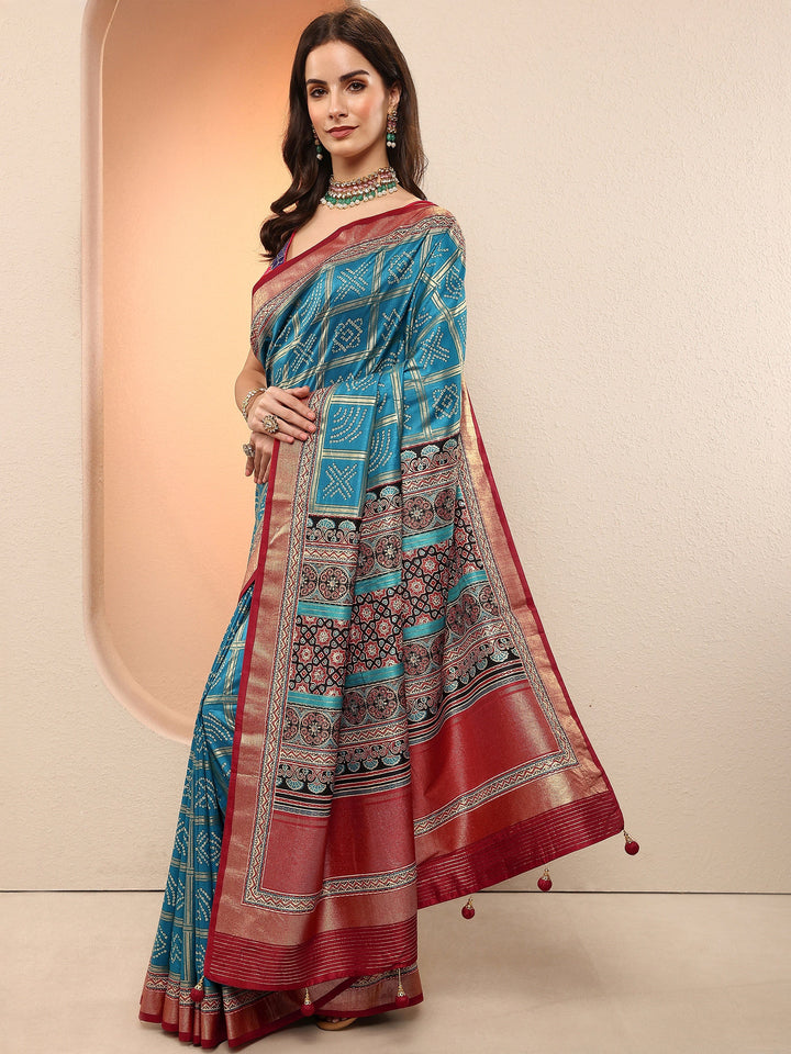 Blue Bandhani Printed Sarees With Unstitched Blouse Piece