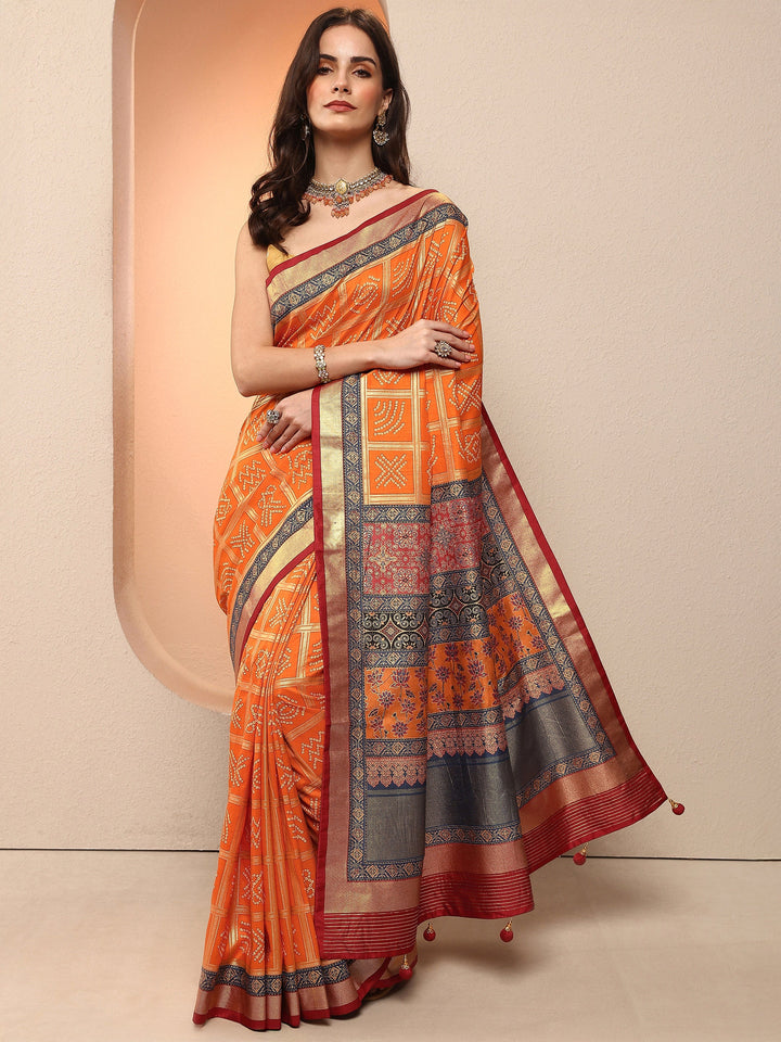 Orange Bandhani Printed Sarees With Unstitched Blouse Piece