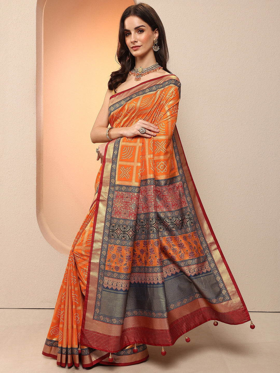 Orange Bandhani Printed Sarees With Unstitched Blouse Piece